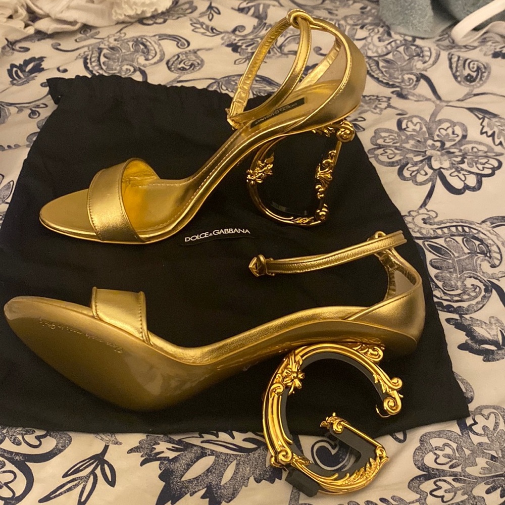 Dolce & Gabbana Gold Metallic Ankle-Strap Sandals with Decorative Logo Heel - Picture 5 of 11